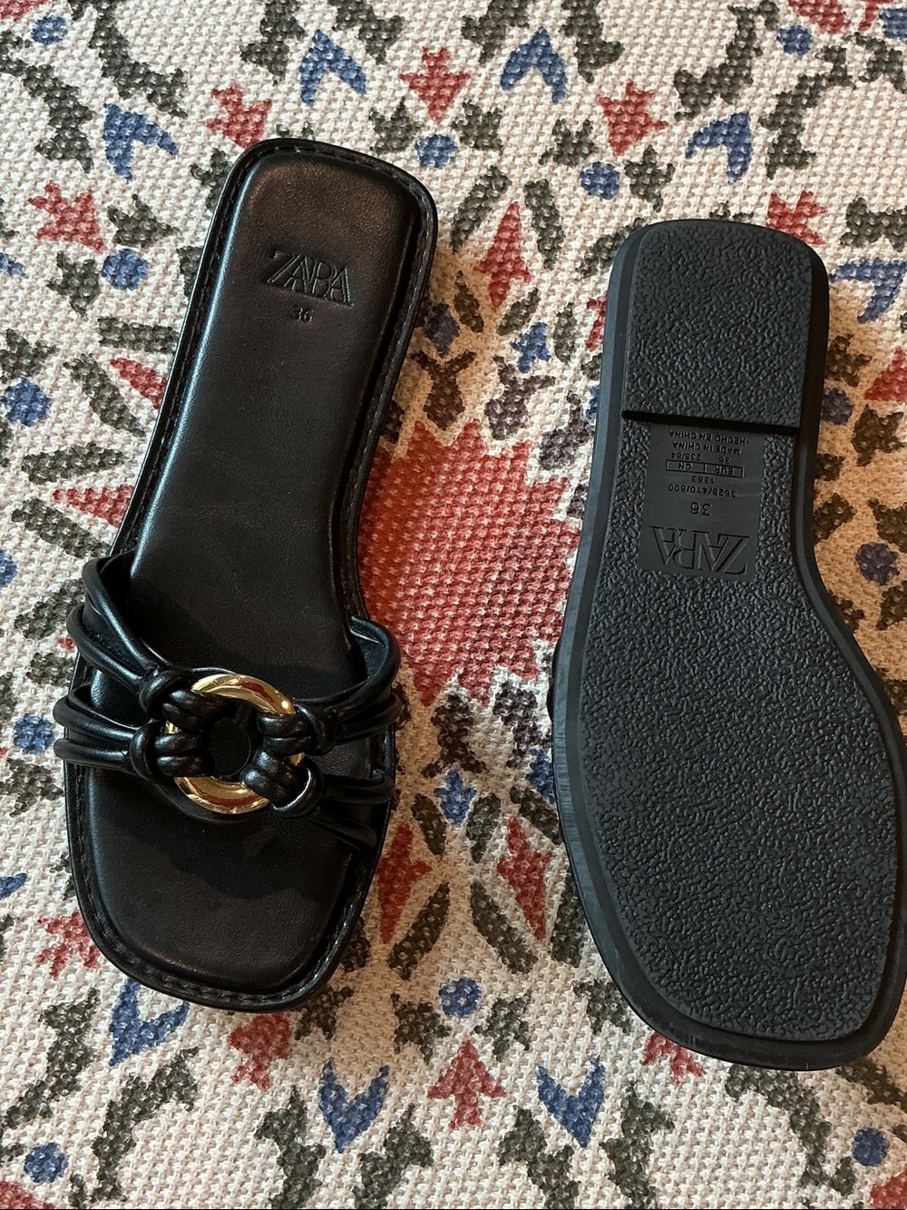 Zara Black Leather Knot Slide Sandals with Gold Ring - Picture 2 of 5